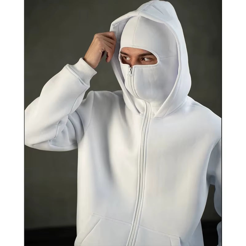 Balaclava Men Zip Hoodie Winter Warm Casual Sweatshirt Y2K with Hooded Face Mask Zipper Design Sports Jacket Outdoor Activities