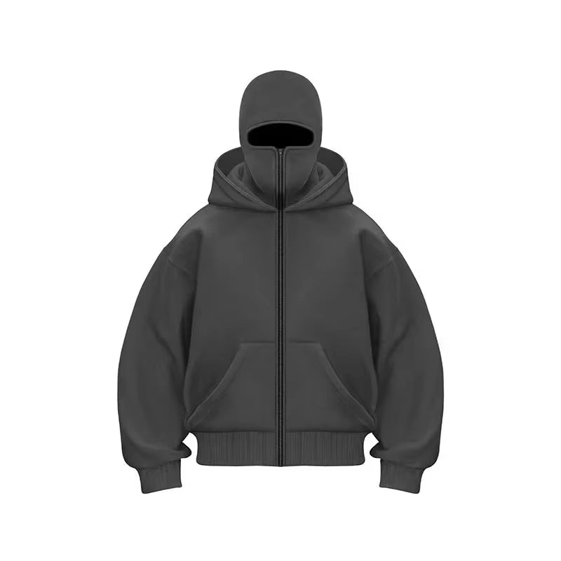Balaclava Men Zip Hoodie Winter Warm Casual Sweatshirt Y2K with Hooded Face Mask Zipper Design Sports Jacket Outdoor Activities